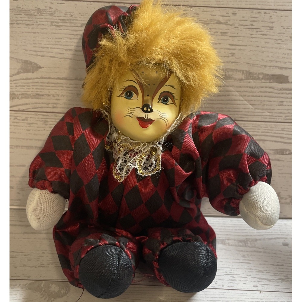 Vintage Red Cat CLOWN Mardi Gras Collectible Doll Hand Painted FACE‎ Circus MCM